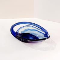 Vintage Blown Glass Basket Bowl, Blue and Clear Glass Jewelry Trinket Dish