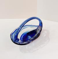 Vintage Blown Glass Basket Bowl, Blue and Clear Glass Jewelry Trinket Dish