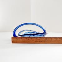 Vintage Blown Glass Basket Bowl, Blue and Clear Glass Jewelry Trinket Dish