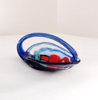 Vintage Blown Glass Basket Bowl, Blue and Clear Glass Jewelry Trinket Dish