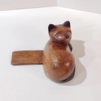 Hand Carved Wooden Sleeping Cat Book End Shelf Sitter, Cat Nap Kitten Figurine