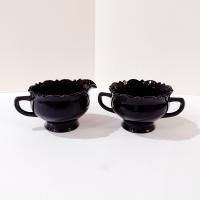 Vintage L.E. Smith Mt. Pleasant Black Amethyst Glass Footed Creamer and Open Sugar Bowl Set, Black Amethyst Depression Glass