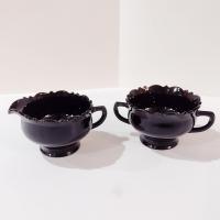 Vintage L.E. Smith Mt. Pleasant Black Amethyst Glass Footed Creamer and Open Sugar Bowl Set, Black Amethyst Depression Glass