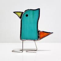 Stained Glass Standing Bird, Funky Glass Bird, Aqua Blue and Orange Bird Suncatcher