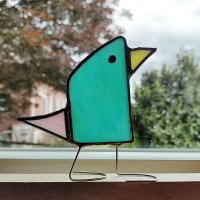 Stained Glass Standing Bird, Funky Glass Bird, Blue and Pink Bird Suncatcher