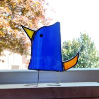 Stained Glass Standing Bird, Funky Glass Bird,  Blue and Orange Bird Suncatcher