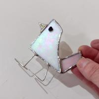 Stained Glass Standing Bird, Funky Glass Bird, White Iridescent Bird Suncatcher