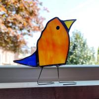 Stained Glass Standing Bird, Funky Glass Bird, Orange and Blue Bird Suncatcher