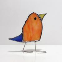 Stained Glass Standing Bird, Funky Glass Bird, Orange and Blue Bird Suncatcher