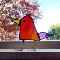 Stained Glass Standing Bird, Funky Glass Bird, Iridescent Orange and Purple Bird Suncatcher, Mother's Day Gift