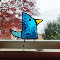 Stained Glass Standing Bird, Funky Glass Bird, Aqua and Turquoise Blue Bird Suncatcher