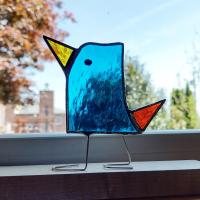 Stained Glass Standing Bird, Funky Glass Bird, Turquoise Blue and Orange Bird Suncatcher