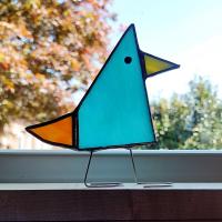 Stained Glass Standing Bird, Funky Glass Bird, Aqua Blue Bird Suncatcher