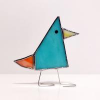 Stained Glass Standing Bird, Funky Glass Bird, Aqua Blue Bird Suncatcher