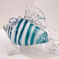 Vintage Hand Blown Glass Murano Style Fish, Aqua Turquoise Blue and Clear Swirled Glass Fish