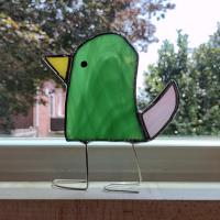 Stained Glass Standing Bird, Funky Green and Pink Glass Bird Suncatcher, Bird Lover Gift, Windowsill Sitter