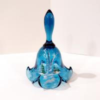 Vintage Hand Painted Signed Fenton Glass Bell, Silver Birch on Indigo Blue Pattern Decorative Bell