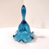 Vintage Hand Painted Signed Fenton Glass Bell, Silver Birch on Indigo Blue Pattern Decorative Bell