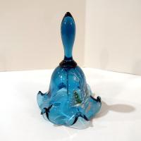 Vintage Hand Painted Signed Fenton Glass Bell, Silver Birch on Indigo Blue Pattern Decorative Bell