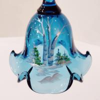 Vintage Hand Painted Signed Fenton Glass Bell, Silver Birch on Indigo Blue Pattern Decorative Bell