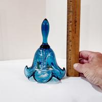 Vintage Hand Painted Signed Fenton Glass Bell, Silver Birch on Indigo Blue Pattern Decorative Bell