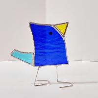 Stained Glass Standing Bird, Funky Blue Glass Bird Suncatcher, Bird Lover Gift