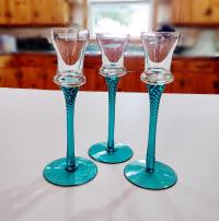 Vintage Blue Blown Glass Tall Candle Holders, Set of 3