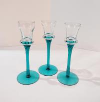 Vintage Blue Blown Glass Tall Candle Holders, Set of 3