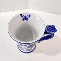 Vintage Cracker Barrel Blue Bliss Butterfly Floral Coffee Tea Mug, Blue White Toile Mug