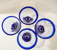 Vintage Hand Blown Margarita / Martini Glasses, Set of Four, Blue and Clear Swirled Glasses
