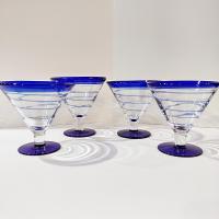 Vintage Hand Blown Margarita / Martini Glasses, Set of Four, Blue and Clear Swirled Glasses