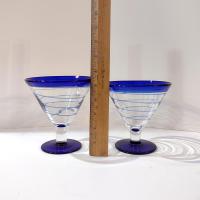 Vintage Hand Blown Margarita / Martini Glasses, Set of Four, Blue and Clear Swirled Glasses