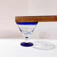 Vintage Hand Blown Margarita / Martini Glasses, Set of Four, Blue and Clear Swirled Glasses
