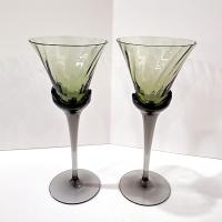 Vintage Mikasa Blossom Sage Green Wine Water Glasses, Set of Two, Green Blown Glass Tall Goblets