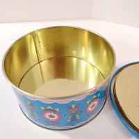 Vintage Blue and Pink Mosaic Mandala Flowers Round Metal Tin Storage Container, Brazilian Floral Gift Tin