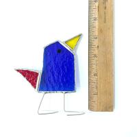 Stained Glass Standing Bird, Funky Blue and Red Glass Bird Suncatcher, Bird Lover Gift, Windowsill Sitter