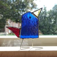 Stained Glass Standing Bird, Funky Blue and Red Glass Bird Suncatcher, Bird Lover Gift, Windowsill Sitter