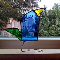Stained Glass Standing Bird, Funky Blue and Green Glass Bird Suncatcher, Bird Lover Gift, Windowsill Sitter