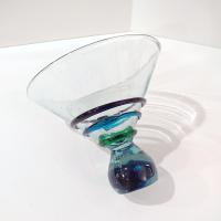 Vintage Mexican Hand Blown Martini Cocktail Glass with Blue and Green Glass Ribbons and Ball Base