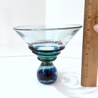 Vintage Mexican Hand Blown Martini Cocktail Glass with Blue and Green Glass Ribbons and Ball Base