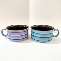 Vintage Aqua Blue and Purple Striped Large Ceramic Soup Mugs, Set of 2, French Onion Soup Crocks