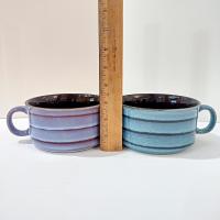 Vintage Aqua Blue and Purple Striped Large Ceramic Soup Mugs, Set of 2, French Onion Soup Crocks