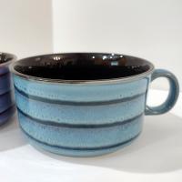 Vintage Aqua Blue and Purple Striped Large Ceramic Soup Mugs, Set of 2, French Onion Soup Crocks