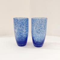 Vintage Blue Splatter Glass Tumblers, Set of Two, 16 Ounce Drinking Glasses