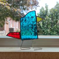 Stained Glass Standing Bird, Funky Turquoise Blue and Red Glass Bird Suncatcher, Bird Lover Gift, Windowsill Sitter