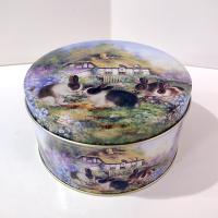 Vintage Bunny Rabbit Flower Garden Country House Scene Round Metal Tin, Easter Spring Storage Gift Container