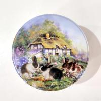Vintage Bunny Rabbit Flower Garden Country House Scene Round Metal Tin, Easter Spring Storage Gift Container