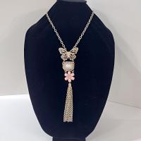 Vintage Butterfly and Pink Flower Gold Tone Tassel Statement Necklace, Erica Lyons Lavalier Butterfly Necklace