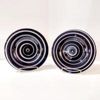 Vintage Black and White Spiral Swirled Art Glass Salad Dessert Luncheon Plates, Set of Two