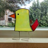 Stained Glass Standing Bird, Funky Yellow and Red Glass Bird Suncatcher, Bird Lover Gift, Windowsill Sitter